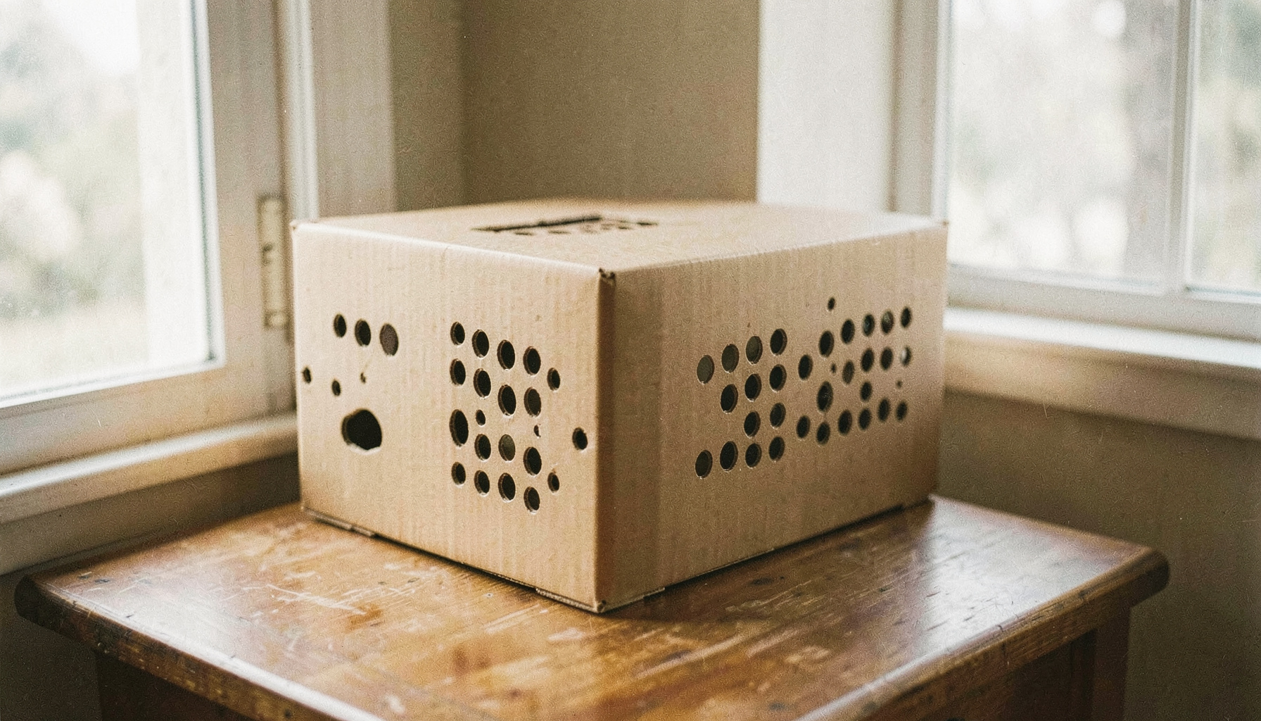 A cardboard pet carrier with ventilation holes resting on a wooden table near a window, soft natural daylight, warm beige and brown tones, calm and reassuring mood